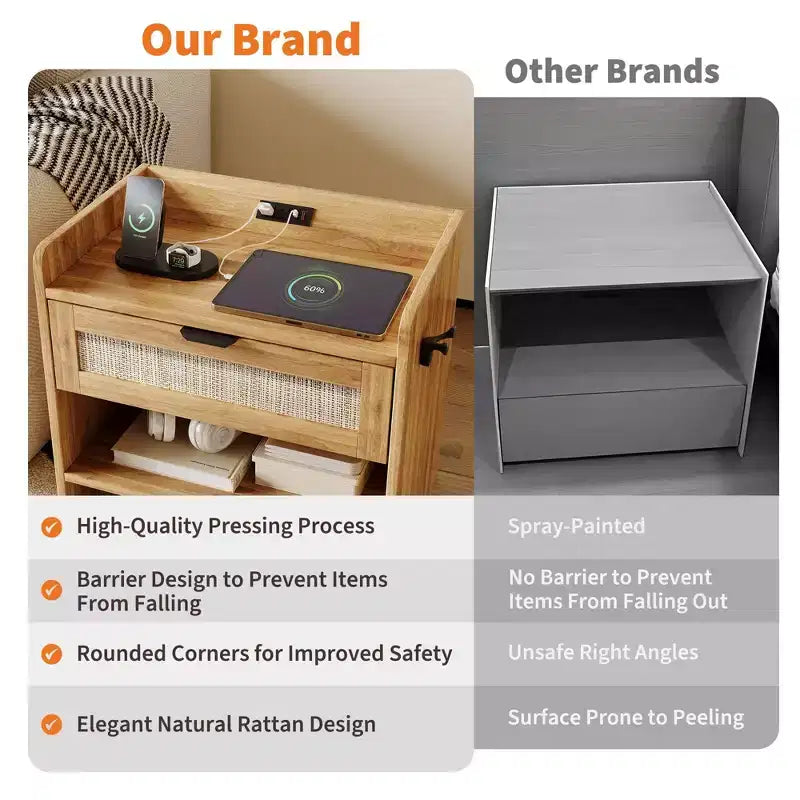 Lot de 2 tables de chevet en rotin, table de chevet avec station de recharge et port USB-C, table de chevet bohème avec tiroir et étagère ouverte, table d'appoint