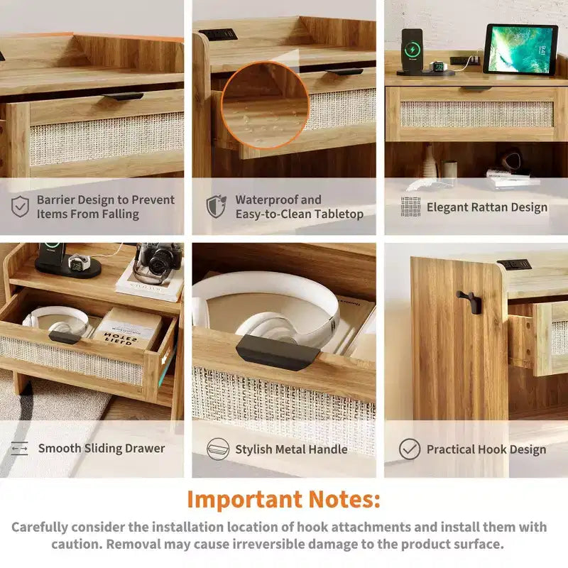 Lot de 2 tables de chevet en rotin, table de chevet avec station de recharge et port USB-C, table de chevet bohème avec tiroir et étagère ouverte, table d'appoint