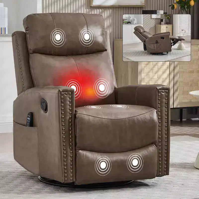 Fauteuil inclinable manuel en cuir véritable avec massage chauffant, fonction bascule et pivotement