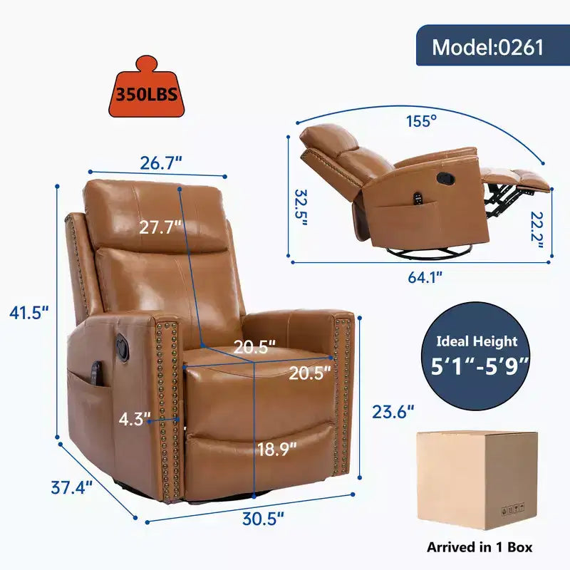 Fauteuil inclinable manuel en cuir véritable avec massage chauffant, fonction bascule et pivotement