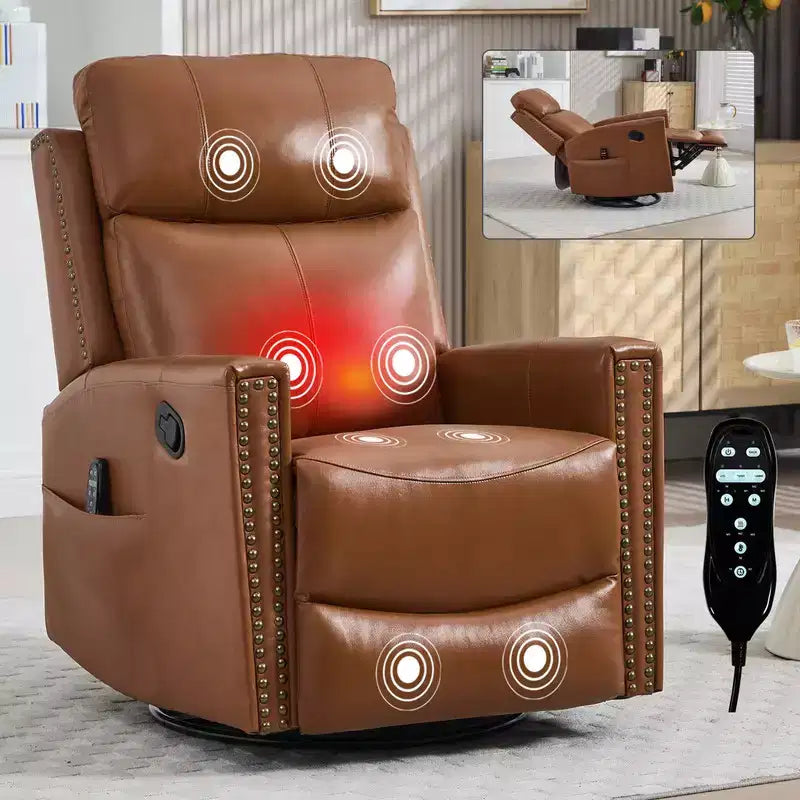 Fauteuil inclinable manuel en cuir véritable avec massage chauffant, fonction bascule et pivotement
