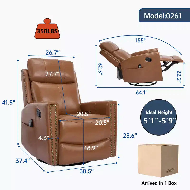 Fauteuil inclinable manuel en cuir véritable avec massage chauffant, fonction bascule et pivotement