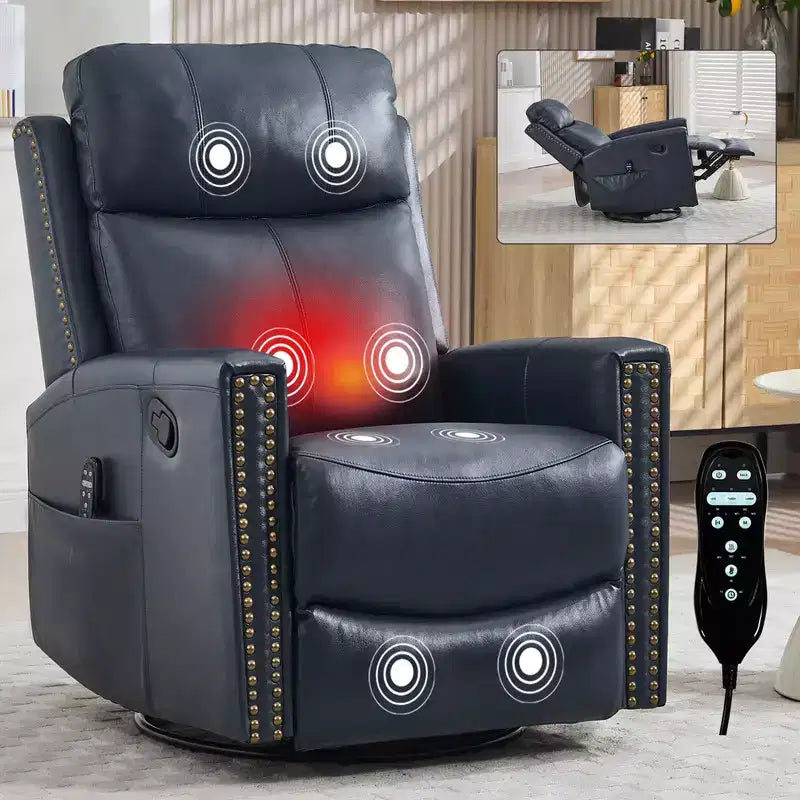 Fauteuil inclinable manuel en cuir véritable avec massage chauffant, fonction bascule et pivotement
