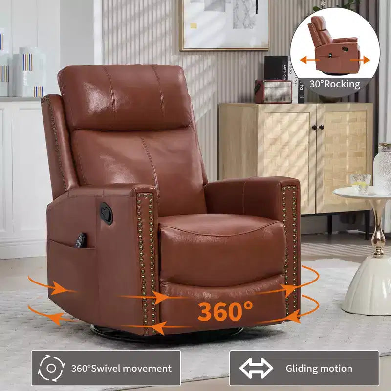 Fauteuil inclinable manuel en cuir véritable avec massage chauffant, fonction bascule et pivotement