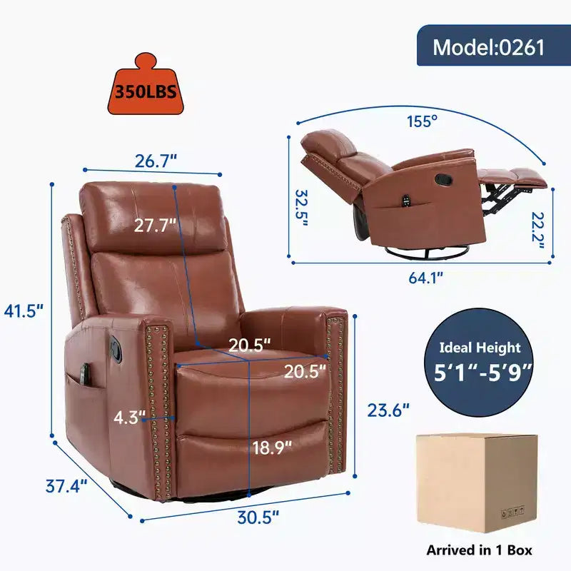 Fauteuil inclinable manuel en cuir véritable avec massage chauffant, fonction bascule et pivotement