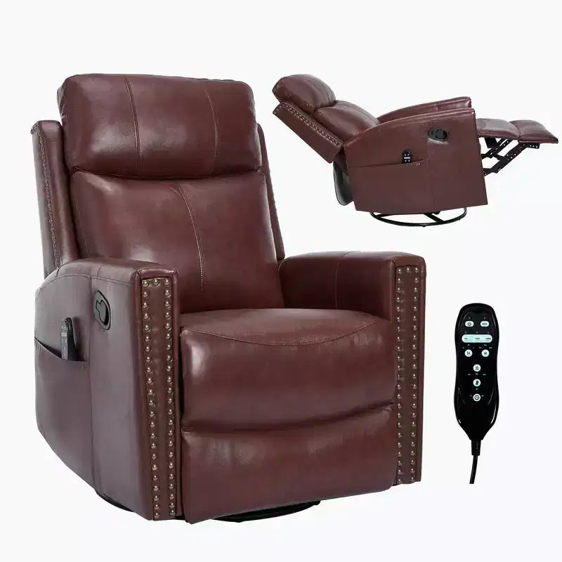 Fauteuil inclinable manuel en cuir véritable avec massage chauffant, fonction bascule et pivotement