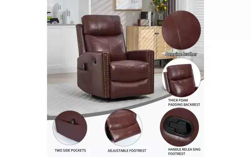 Fauteuil inclinable manuel en cuir véritable avec massage chauffant, fonction bascule et pivotement