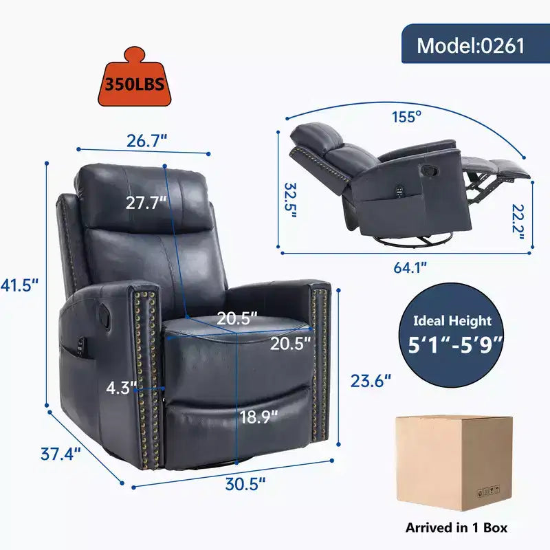 Fauteuil inclinable manuel en cuir véritable avec massage chauffant, fonction bascule et pivotement
