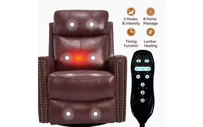 Fauteuil inclinable manuel en cuir véritable avec massage chauffant, fonction bascule et pivotement