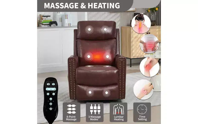 Fauteuil inclinable manuel en cuir véritable avec massage chauffant, fonction bascule et pivotement