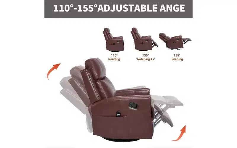 Fauteuil inclinable manuel en cuir véritable avec massage chauffant, fonction bascule et pivotement