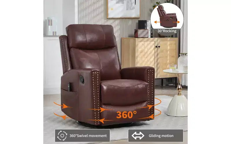 Fauteuil inclinable manuel en cuir véritable avec massage chauffant, fonction bascule et pivotement