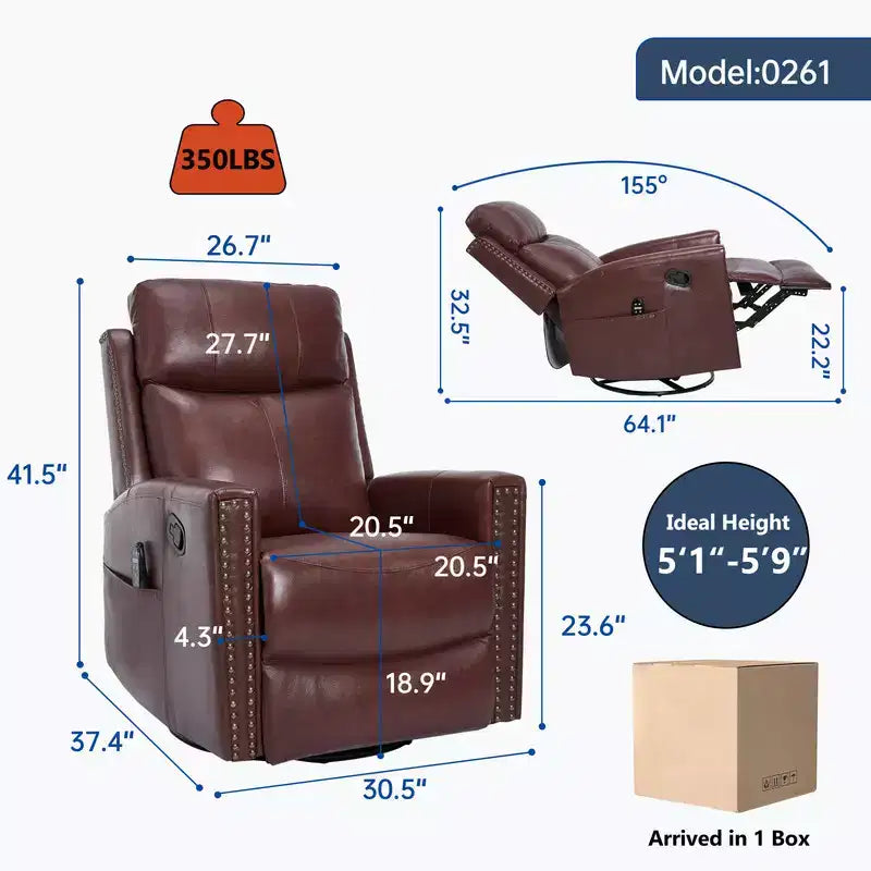 Fauteuil inclinable manuel en cuir véritable avec massage chauffant, fonction bascule et pivotement