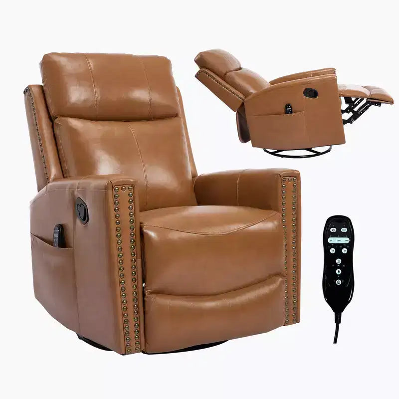 Fauteuil inclinable manuel en cuir véritable avec massage chauffant, fonction bascule et pivotement
