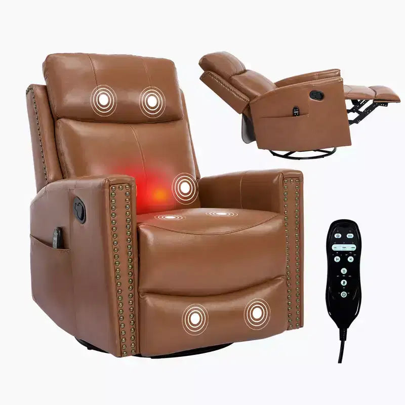 Fauteuil inclinable manuel en cuir véritable avec massage chauffant, fonction bascule et pivotement
