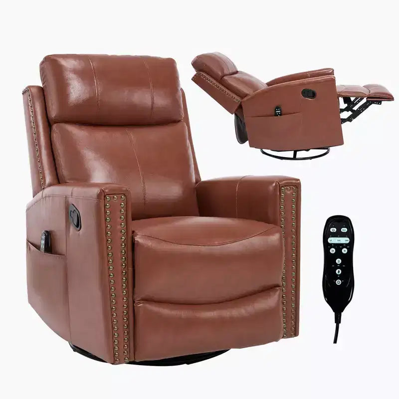 Fauteuil inclinable manuel en cuir véritable avec massage chauffant, fonction bascule et pivotement