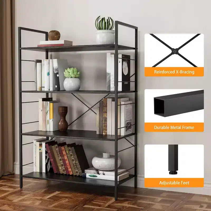 Grande bibliothèque avec cadre en acier, étagère haute à 4 niveaux, 75 x 36,6 x 114 cm, style industriel, étagère à livres pour salon, bureau à domicile, bureau.