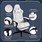 Chaise de jeu en cuir PU à dossier haut, Chaise d'ordinateur de course avec roulettes pivotantes, repose-pieds rétractable, appui-tête, support lombaire et accoudoirs