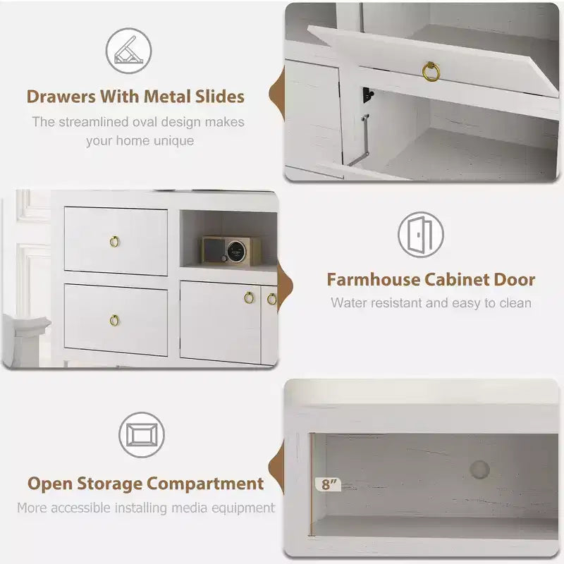Meuble TV de ferme pour téléviseurs de 75-80 pouces, long meuble de divertissement avec 6 tiroirs de rangement et étagère pour barre de son, console multimédia blanche pour salon