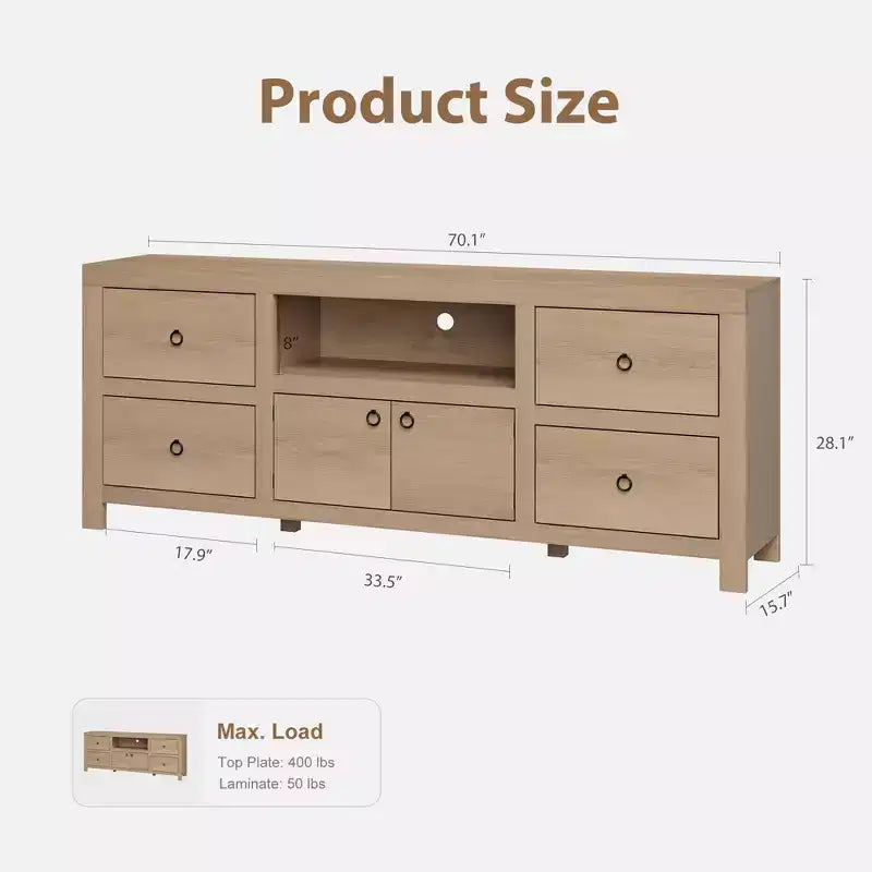 Meuble TV de ferme pour téléviseurs de 75-80 pouces, long meuble de divertissement avec 6 tiroirs de rangement et étagère pour barre de son, console multimédia blanche pour salon
