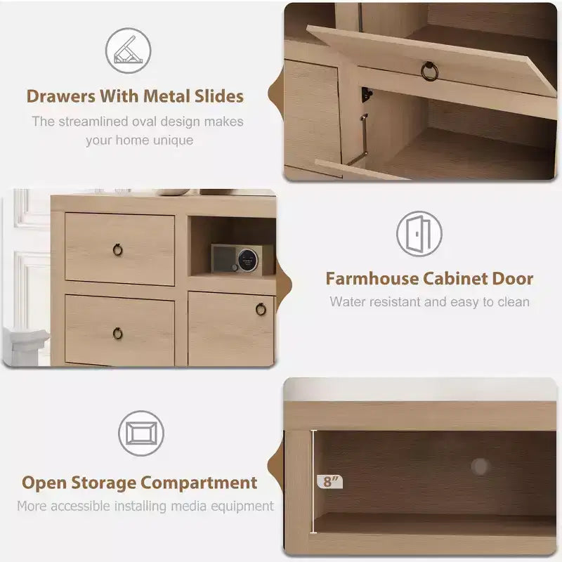Meuble TV de ferme pour téléviseurs de 75-80 pouces, long meuble de divertissement avec 6 tiroirs de rangement et étagère pour barre de son, console multimédia blanche pour salon