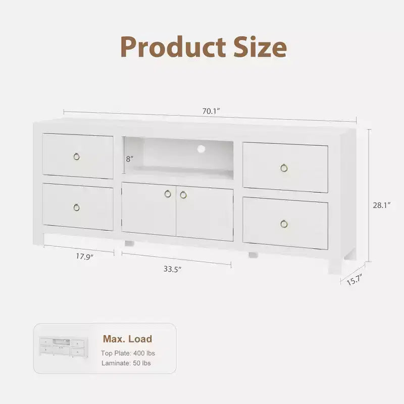 Meuble TV de ferme pour téléviseurs de 75-80 pouces, long meuble de divertissement avec 6 tiroirs de rangement et étagère pour barre de son, console multimédia blanche pour salon