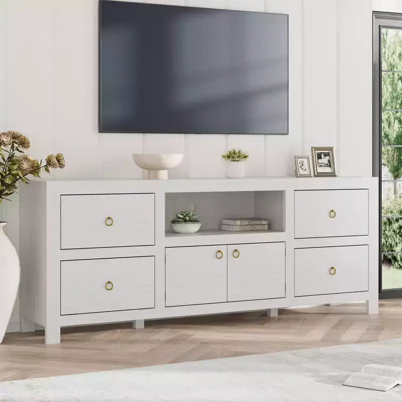Meuble TV de ferme pour téléviseurs de 75-80 pouces, long meuble de divertissement avec 6 tiroirs de rangement et étagère pour barre de son, console multimédia blanche pour salon