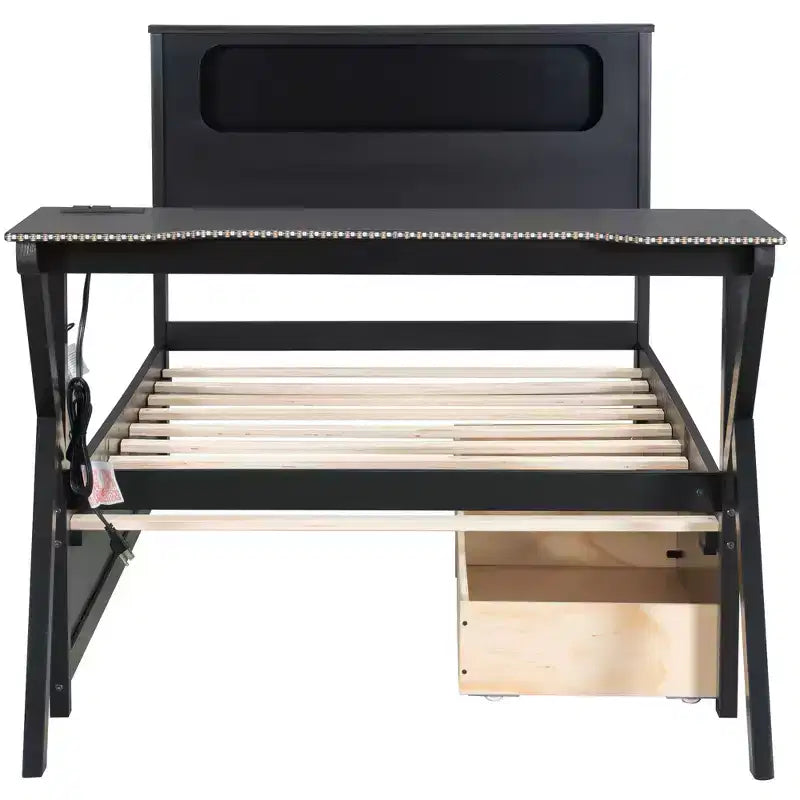 Lit plateforme de jeu en bois avec tête de lit LED, bureau et tiroirs de rangement USB, noir - ModernLuxe
