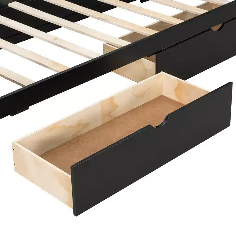 Lit plateforme de jeu en bois avec tête de lit LED, bureau et tiroirs de rangement USB, noir - ModernLuxe