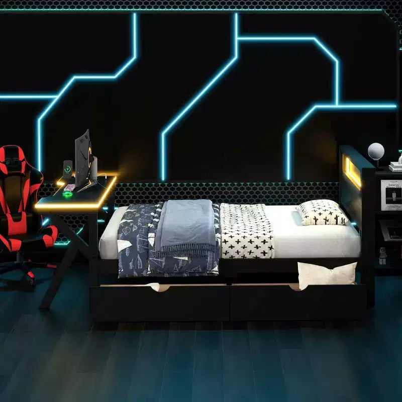 Lit plateforme de jeu en bois avec tête de lit LED, bureau et tiroirs de rangement USB, noir - ModernLuxe