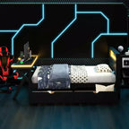 Lit plateforme de jeu en bois avec tête de lit LED, bureau et tiroirs de rangement USB, noir - ModernLuxe
