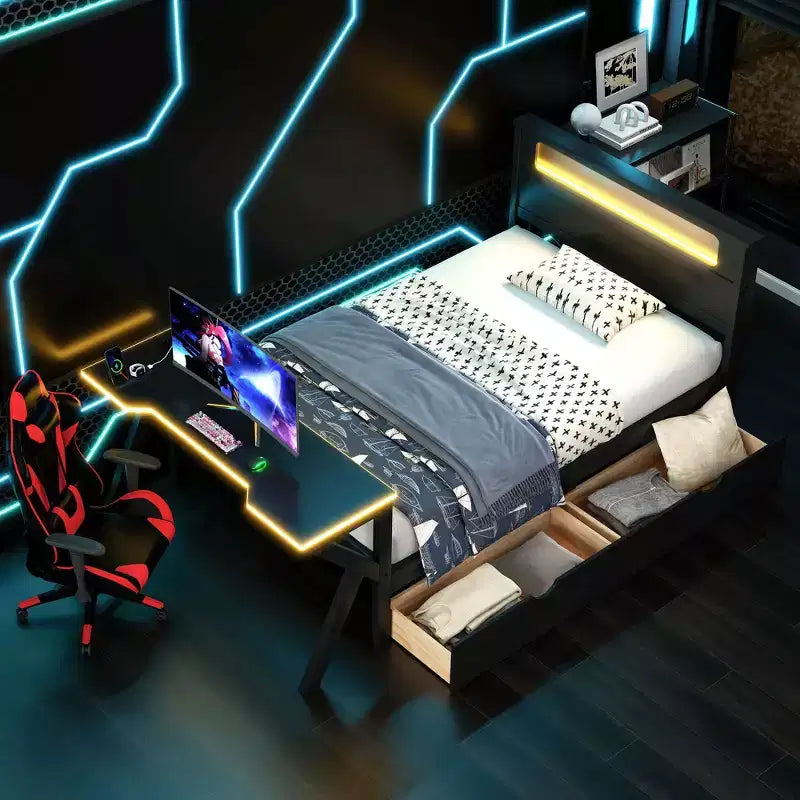 Lit plateforme de jeu en bois avec tête de lit LED, bureau et tiroirs de rangement USB, noir - ModernLuxe