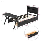 Lit plateforme de jeu en bois avec tête de lit LED, bureau et tiroirs de rangement USB, noir - ModernLuxe