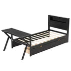 Lit plateforme de jeu en bois avec tête de lit LED, bureau et tiroirs de rangement USB, noir - ModernLuxe