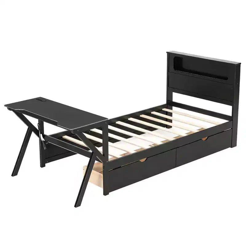 Lit plateforme de jeu en bois avec tête de lit LED, bureau et tiroirs de rangement USB, noir - ModernLuxe