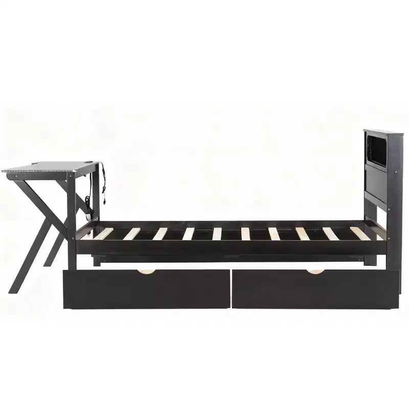 Lit plateforme de jeu en bois avec tête de lit LED, bureau et tiroirs de rangement USB, noir - ModernLuxe