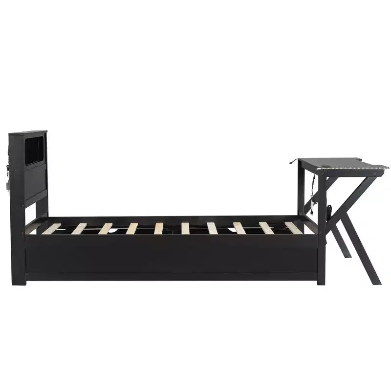 Lit plateforme de jeu en bois avec tête de lit LED, bureau et tiroirs de rangement USB, noir - ModernLuxe