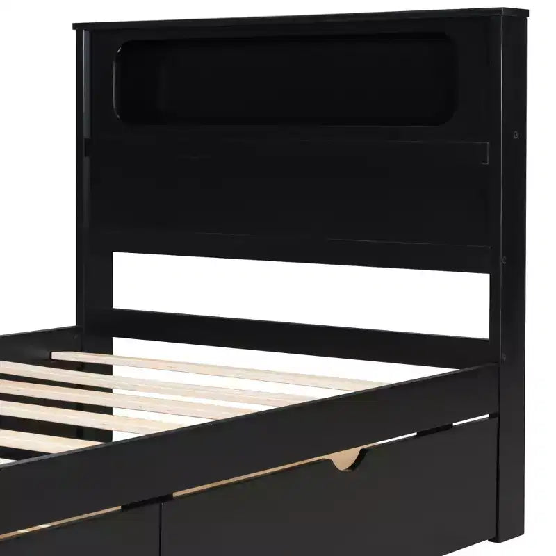 Lit plateforme de jeu en bois avec tête de lit LED, bureau et tiroirs de rangement USB, noir - ModernLuxe