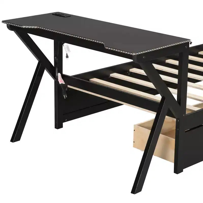 Lit plateforme de jeu en bois avec tête de lit LED, bureau et tiroirs de rangement USB, noir - ModernLuxe
