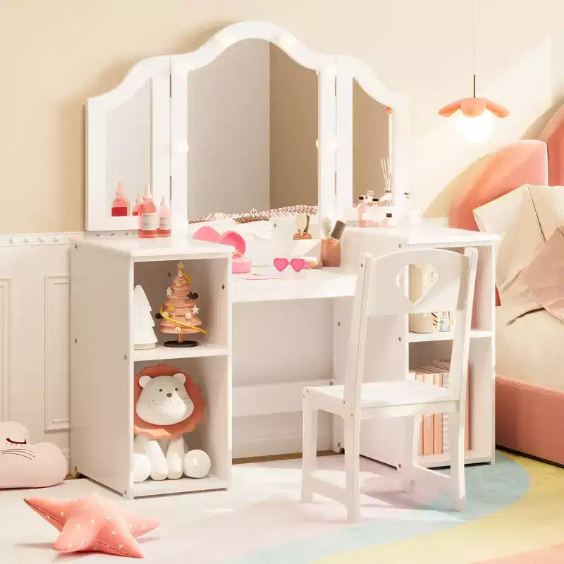 Coiffeuse et chaise 2-en-1 pour filles avec lumière, miroir triptyque détachable et ensemble de maquillage en bois - Coiffeuse de princesse avec rangement pour enfants