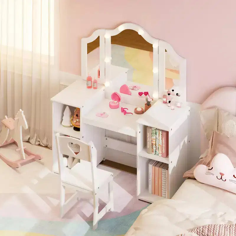Coiffeuse et chaise 2-en-1 pour filles avec lumière, miroir triptyque détachable et ensemble de maquillage en bois - Coiffeuse de princesse avec rangement pour enfants