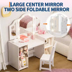 Coiffeuse et chaise 2-en-1 pour filles avec lumière, miroir triptyque détachable et ensemble de maquillage en bois - Coiffeuse de princesse avec rangement pour enfants