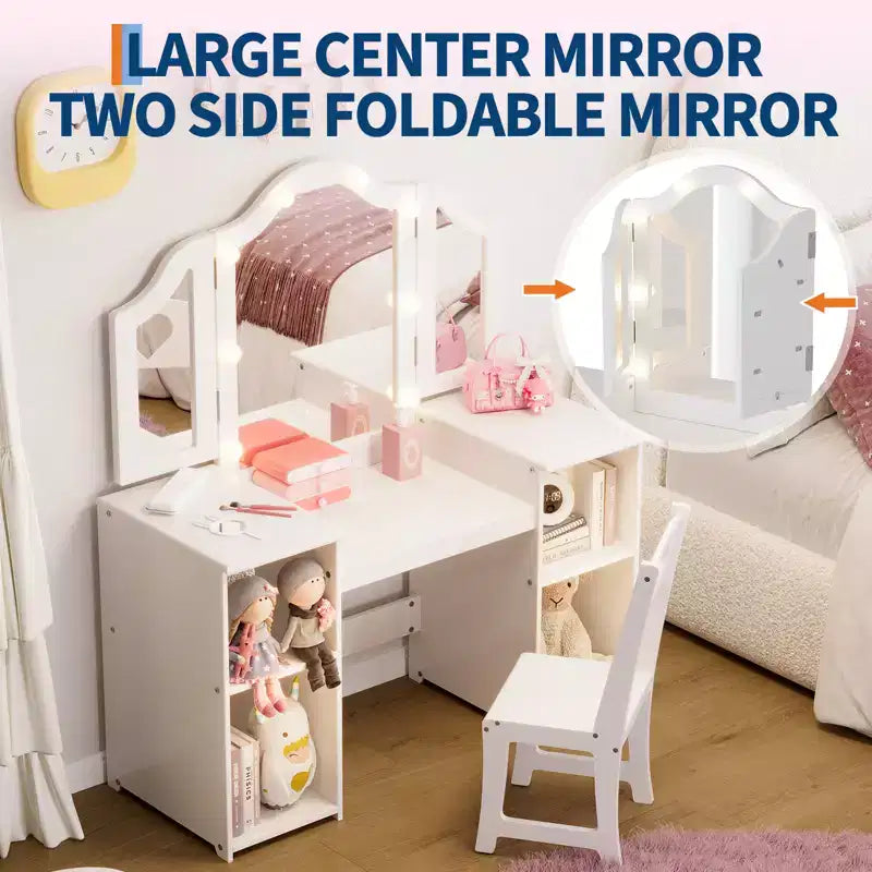 Coiffeuse et chaise 2-en-1 pour filles avec lumière, miroir triptyque détachable et ensemble de maquillage en bois - Coiffeuse de princesse avec rangement pour enfants
