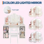 Coiffeuse et chaise 2-en-1 pour filles avec lumière, miroir triptyque détachable et ensemble de maquillage en bois - Coiffeuse de princesse avec rangement pour enfants