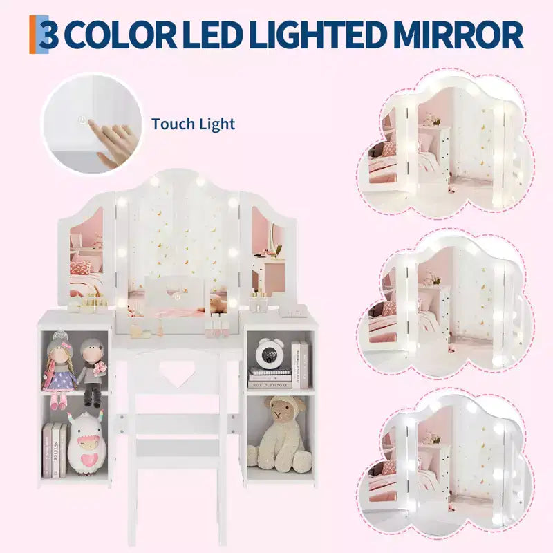Coiffeuse et chaise 2-en-1 pour filles avec lumière, miroir triptyque détachable et ensemble de maquillage en bois - Coiffeuse de princesse avec rangement pour enfants