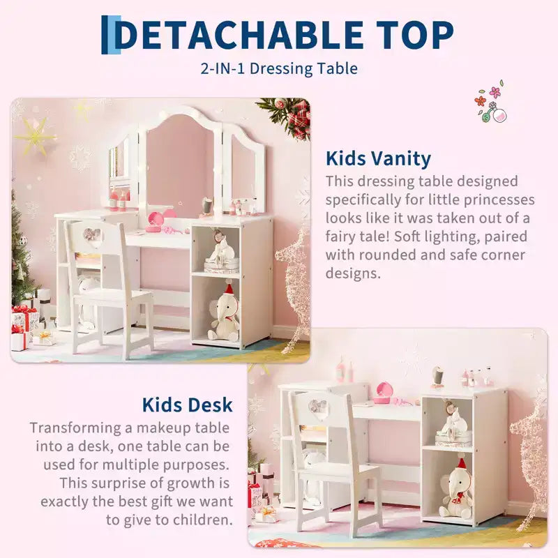 Coiffeuse et chaise 2-en-1 pour filles avec lumière, miroir triptyque détachable et ensemble de maquillage en bois - Coiffeuse de princesse avec rangement pour enfants