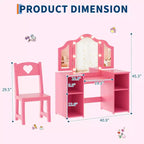 Coiffeuse et chaise 2-en-1 pour filles avec lumière, miroir triptyque détachable et ensemble de maquillage en bois - Coiffeuse de princesse avec rangement pour enfants