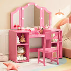 Coiffeuse et chaise 2-en-1 pour filles avec lumière, miroir triptyque détachable et ensemble de maquillage en bois - Coiffeuse de princesse avec rangement pour enfants