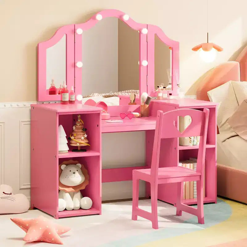 Coiffeuse et chaise 2-en-1 pour filles avec lumière, miroir triptyque détachable et ensemble de maquillage en bois - Coiffeuse de princesse avec rangement pour enfants