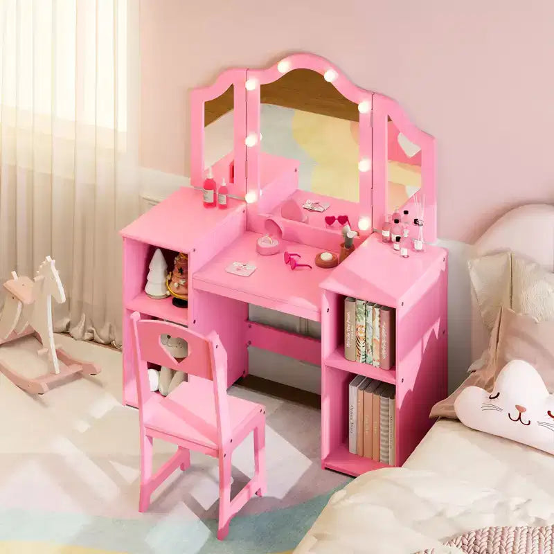 Coiffeuse et chaise 2-en-1 pour filles avec lumière, miroir triptyque détachable et ensemble de maquillage en bois - Coiffeuse de princesse avec rangement pour enfants